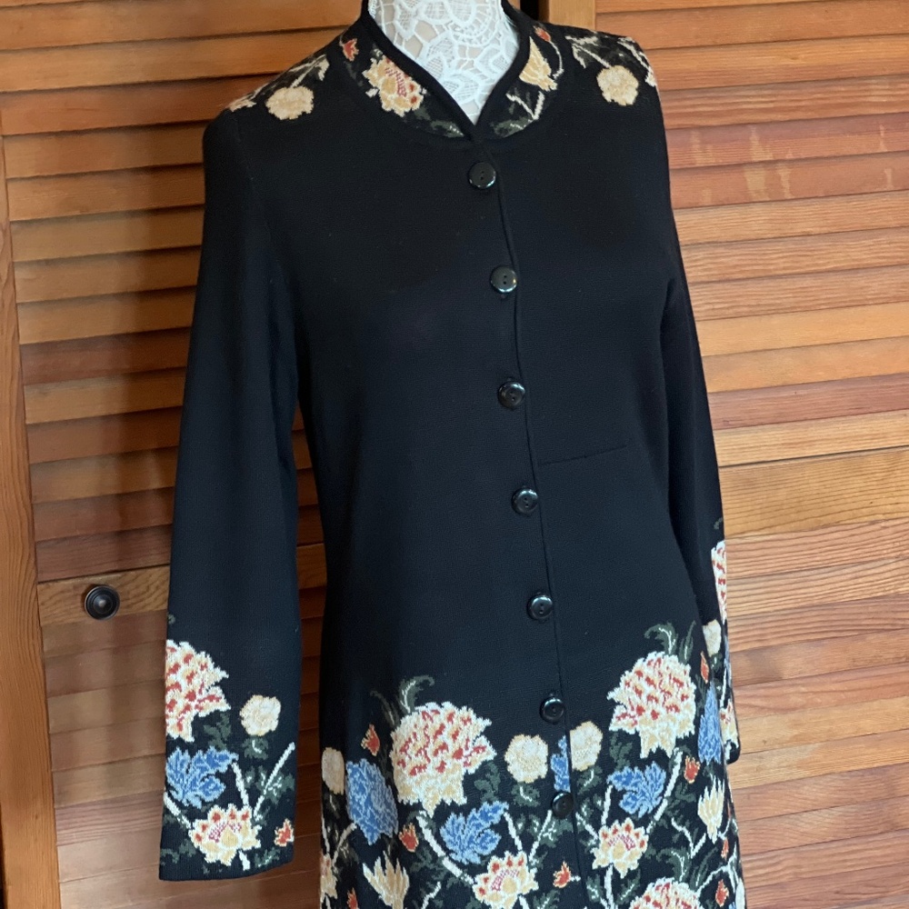 NEW NOVICA Baby Alpaca Peruvian Midnight Floral Long Knit Cardigan Sweater, Med